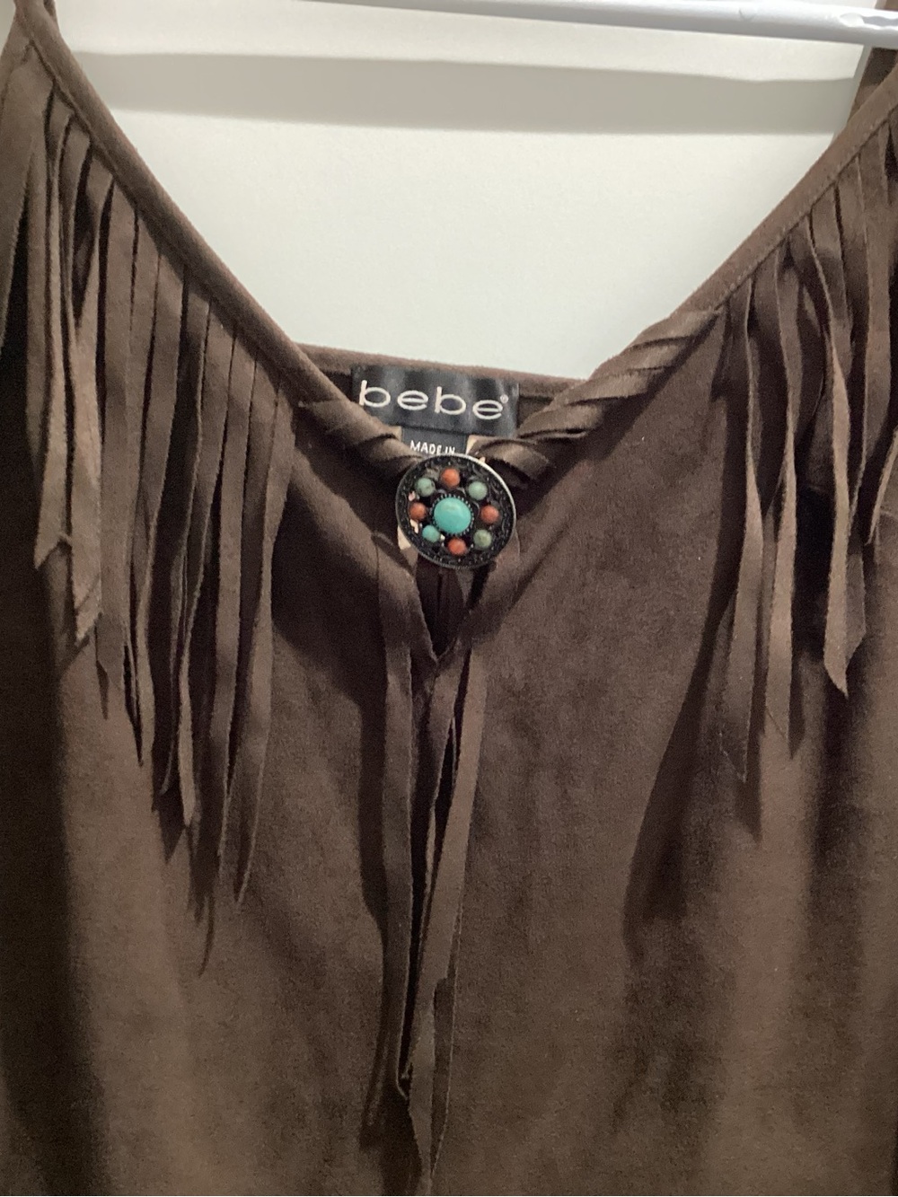 bebe Brown Fringe Suede-Look Tank Top with Concho Accent - Like New - Size S - Picture 3 of 4
